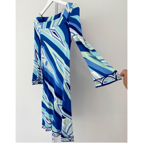 EMILIO PUCCI BLUE MULTI SQUARE NECK BELL SLEEVE DRESS SIZE IT 38 / US 4 - Picture 5 of 16